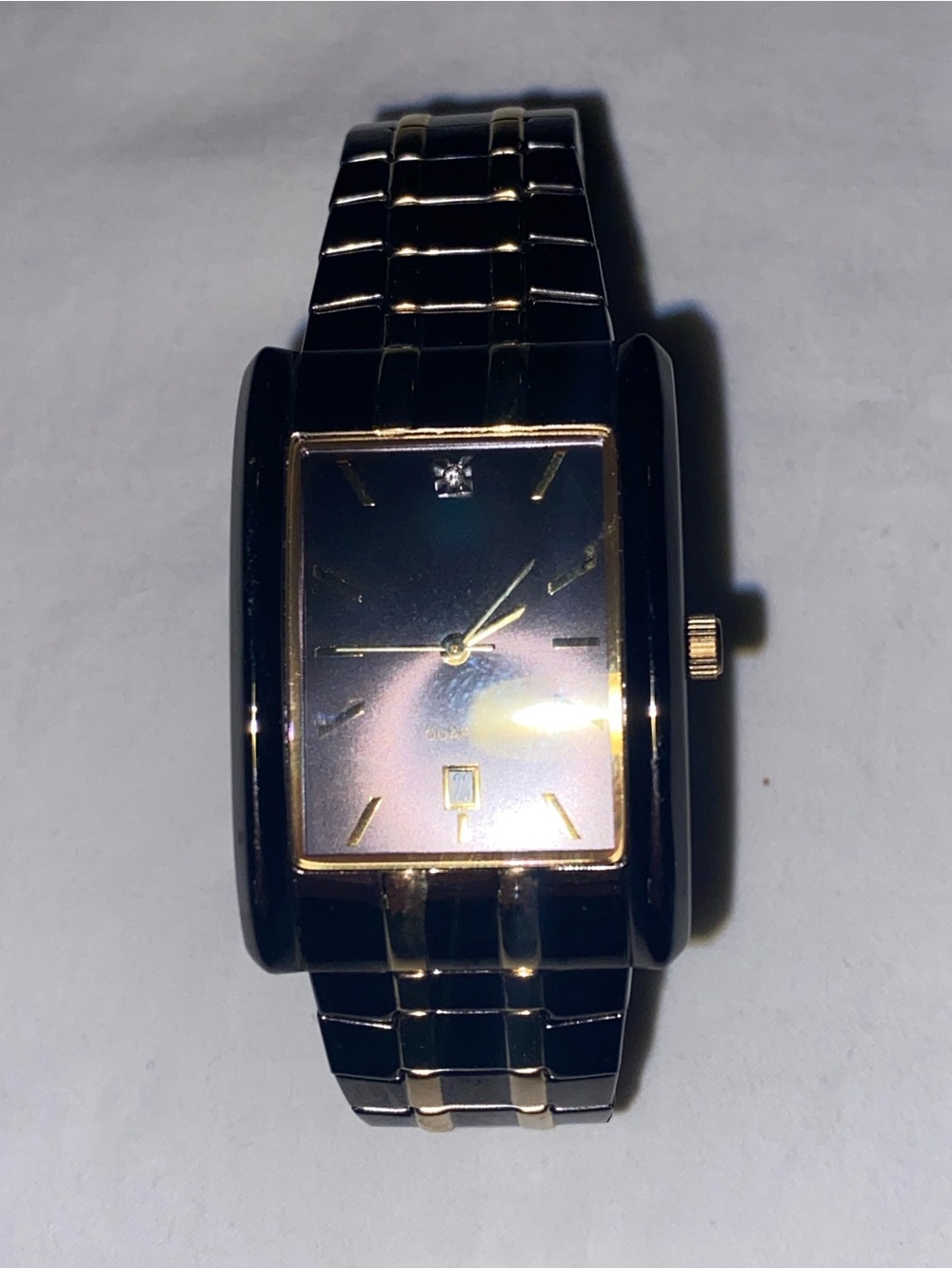 Black and Gold Rectangular Bracelet Watch with Iridescent Dial